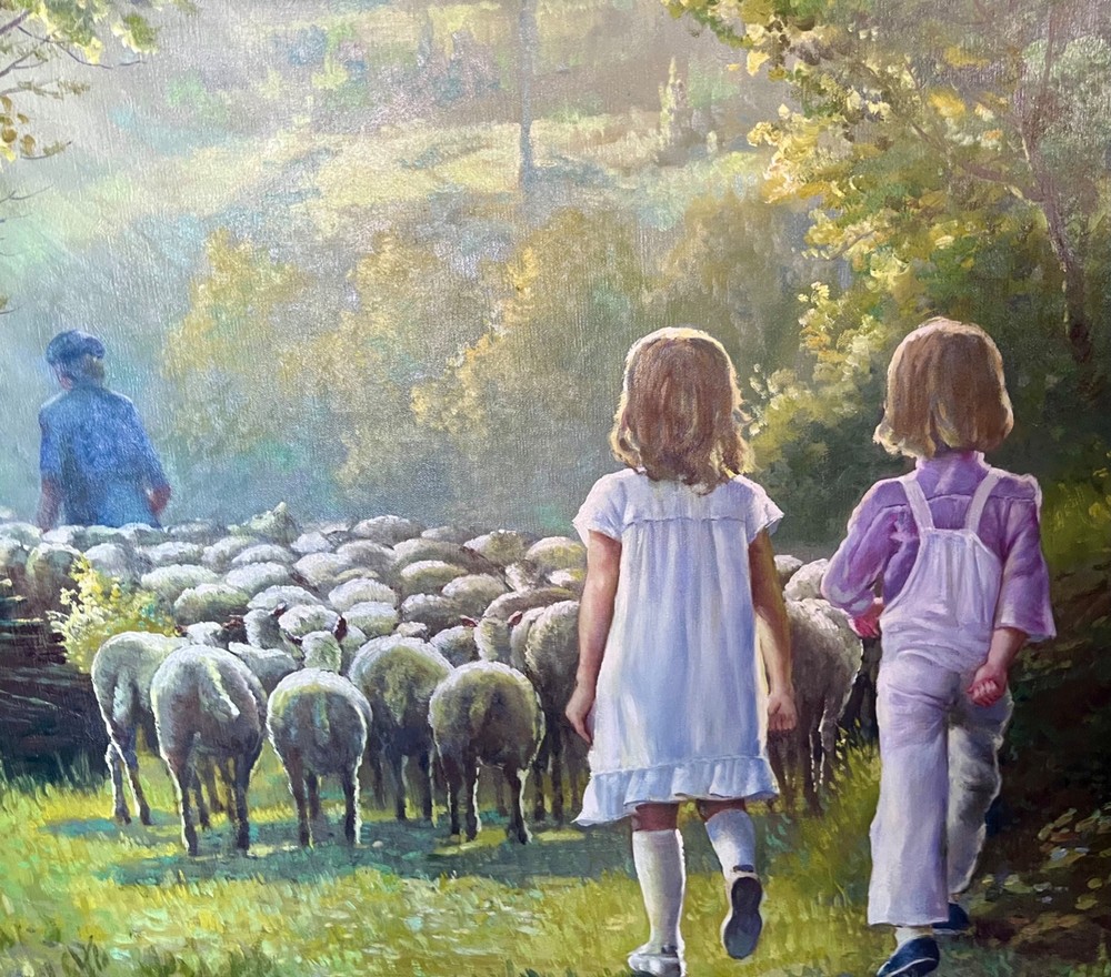 44 x 32 Oil Painting HERDING SPRING LAMBS SHEEP BOY & GIRL Signed ANDRÉ DEMINES