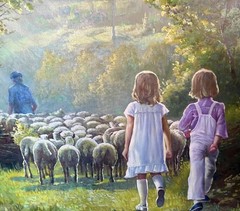 44 x 32 Oil Painting HERDING SPRING LAMBS SHEEP BOY & GIRL Signed ANDRÉ DEMINES
