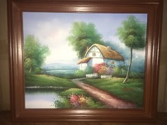 LARGE WOOD FRAMED PAINTING ON CANVAS COUNTRY SCENE 25 X 21 Inches