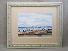 Large Beach Landscape Watercolor Painting Original Framed Vintage Portrait