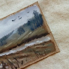 ACEO Original Autumn River Countryside Landscape Moody Oil Pastel Fall Miniature