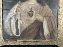 Antique Sacred Heart of Jesus Painting on Paper/Canvas Laid on Wood Gilt Frame