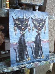 TWO BLACK CATS new retro art original 8×10 card panel oil painting by Crowell