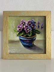 original oil painting still life 20х20cm Semi-abstract violets plant In a pot