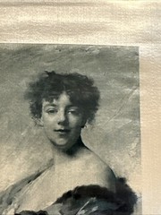 ANTIQUE CHARLES JOSHUA CHAPLIN (1825-1891) PRINT ON SILK YOUNG LADY HOLDING DOG