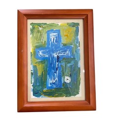 Abstract Blue Cross Oil Painting Framed Religious Wall Art Impasto 6×8 Decor