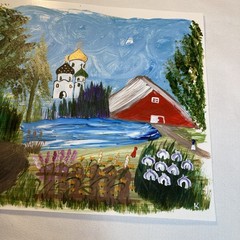 Original Painting Russian Eastern Orthodox Church Flower Tree Pond v4