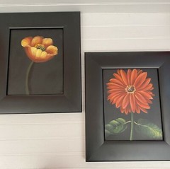 Pair Framed Acrylic Paintings Bright Flowers Black Canvas Black Frames 12 x 14