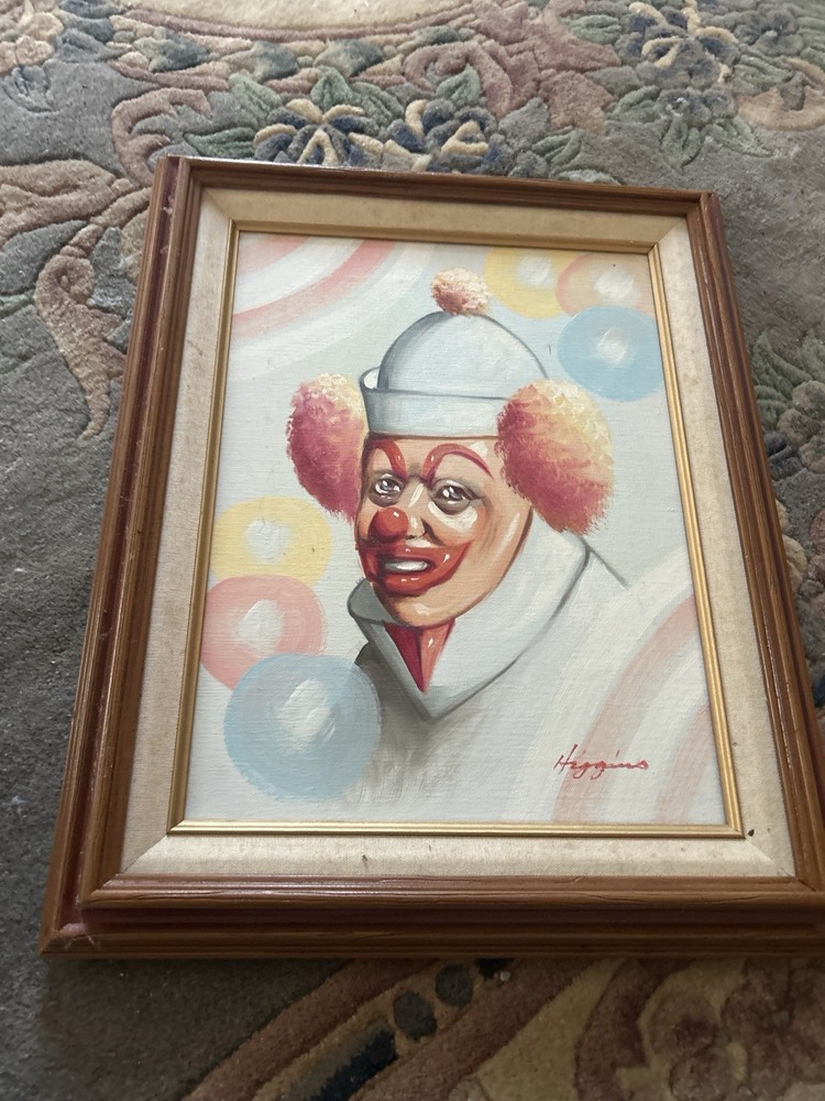 Mid Century Clown Oil Paintings Pair Attributed Higgins c1950s Framed 12×16