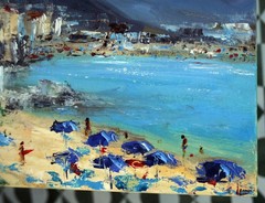 Sicily Cefalu Beach Oil Painting 10×12″ Italian Coastal Town, Mediterranean Sea