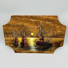 Vintage MCM Matson Fishing Boats Painting On Plaque 13 x 9 Inches Signed