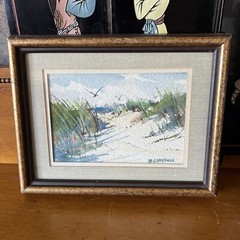 Signed Bernard Gerstner Small Original Painting of Sand Dunes, Dune Grass Birds