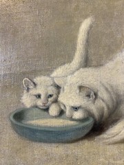 Antique c. 1910 Arthur Heyer Turkish Angora Kitten & Cat Drinking Milk SIGNED