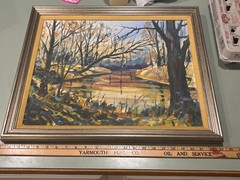1950s Edwin Mayo Kennebunk ME listed Artist oil painting Forest in Autumn 19.5”