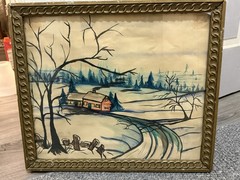 Watercolor Winter Scene, Unknown Artist, Framed 18” X 15”
