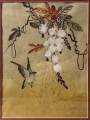 VTG P. Chan Botanical/Bird Batik on Silk Watercolor Painting c.1940’s Chinese