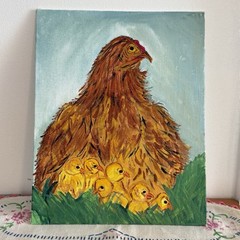 Folk Art Hand Painted Hen Chicken Chicks Baby Canvas 8×10″ Acrylic Quirky Retro