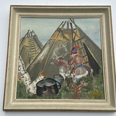 ANTIQUE PAINTING NATIVE AMERICAN INDIAN TIPI TRIBAL MYSTERY ARTIST SIGNED 1940’S