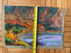 Vintage 1930s Oil on Canvas Landscape Colorful Harbor 12×17 Jean Schweckler