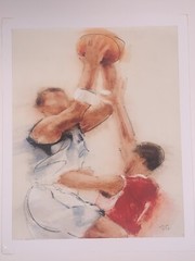 Original Vincent George Basketball Players Watercolor 13.25”W 16 3/8”T Framed