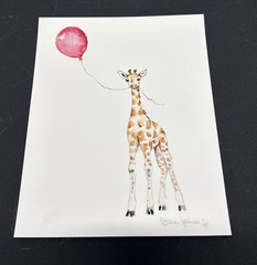 Original Watercolor Baby Giraffe Red Balloon Signed Susan Khovich 2015