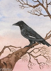 ACEO PRINT OF PAINTING RYTA RAVEN CROW LANDSCAPE VINTAGE STYLE FOLK HALLOWEEN