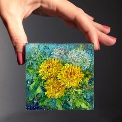Original Oil Painting Dandelions Yellow Spring Flowers Impasto 4inx4in Signed OS