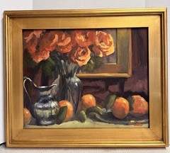 Original Oil Painting Floral Still Life w/Silver Pitcher – Mark Monssart 16×20