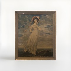 Vintage MCM Pinkie Painting Lawrence Worn Wood Framed Textured Print 26×23