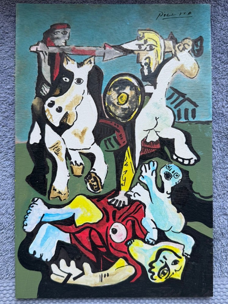 PICASSO drawing and painting on old wood signed stamped vintage