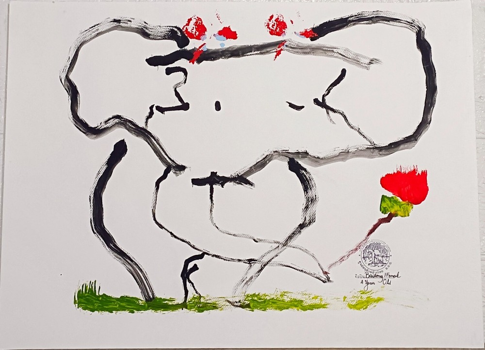 Elephant Drawing Art Bow Rose Home Wall Decor Acrylic Paint on Paper No.#009