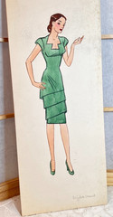 Vtg 1940s Fashion Design Green Tiered Dress Lady Watercolor Ink Original 6″X14″