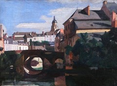 French Oil Painting Landscape Bretagne Morbihan View auray Oil on Canvas Church