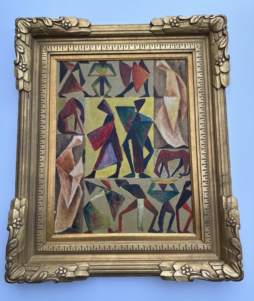 MID CENTURY PAINTING PEOPLE HORSE CUBIST CUBISM MODERNISM ANTIQUE 1940’S OIL