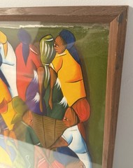 VTG Haitian Oil on Canvas Native Market Painting by Sonel 25 In X 21 In