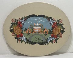 VINTAGE AMERICANA FOLK ART PAINTING VICTORIAN MANSION PINE CONE APPLE GRAPES ART