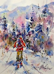 Original Watercolor Winter Landscape Painting – Skiing Wall Art, 11.7×8.3 in