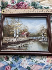VTG Picture Hand Painted Art Framed Rustic Red Barn Pond 10×9″