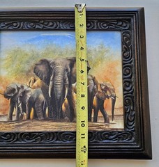 Kenyan Artist RICHARD KIMEMIA African Painting Elephant Family CARVED WOOD FRAME