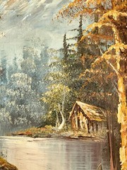VTG G Whitman Trees Landscape Cabin Lake River Mountains Canvas 13.75”W 25.75”T