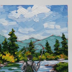 Fly Fishing Oil Painting Original River Mountain Landscape Art Impressionist Art