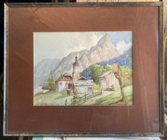 Aquarell °W. Lang Signed Alps Mountains °Sky Village Church Baroque Martel Old
