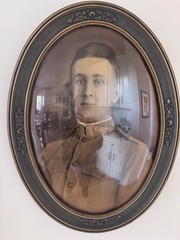 Antique U.S. Military Officer Portrait Convex Glass Oval Frame Blue Gold Floral