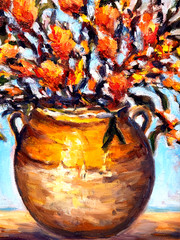 Oil Painting Vase of Flowe Olive Jar Floral Still Life Impressionistic Original