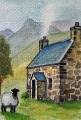 ACEO Original Art, Tiny Art – Watercolor – Scenery – Highland Cottage