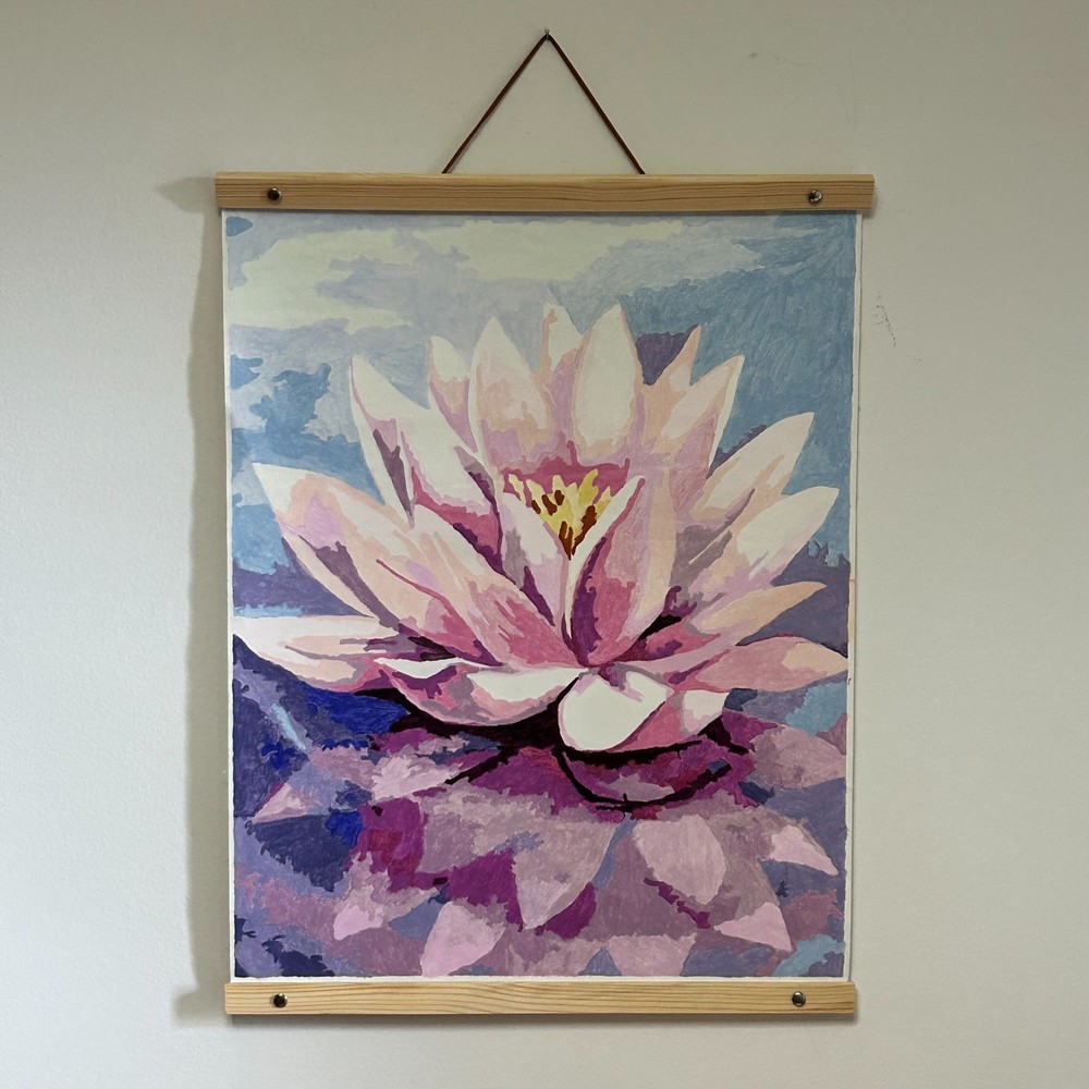 Acrylic Floating Lotus Flower Painting – 16″ x 20″ – Wood and leather frame
