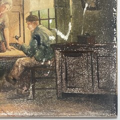 Antique Original Old Oil Painting Porcelain Tile -Family Hearth -Signed, 1868