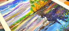 Autumn Fall Painting Lakeside View Landscape Gouache Original on Paper 12 x 9 In