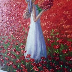 Original Oil Portrait Painting Woman Red Poppy Field Summer Canvas Art Romantic