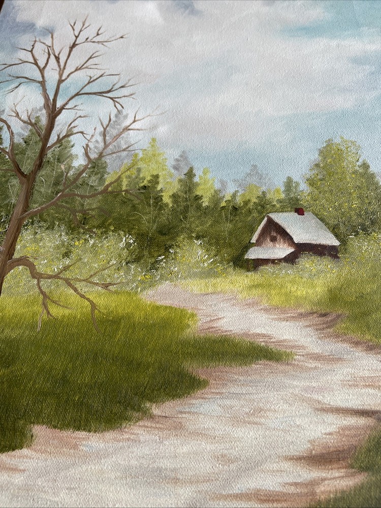 VINTAGE CABIN HOMESTEAD WOODLAND PATHWAY LANDSCAPE PAINTING OIL ON CANVAS 18X14